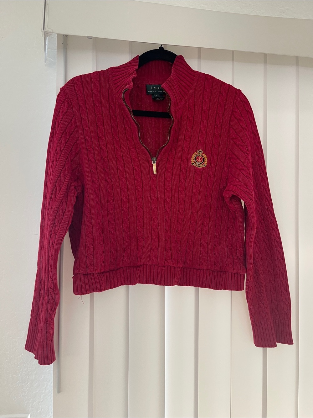 Ralph Lauren Red Cable-Knit Half-Zip Pullover with Crest